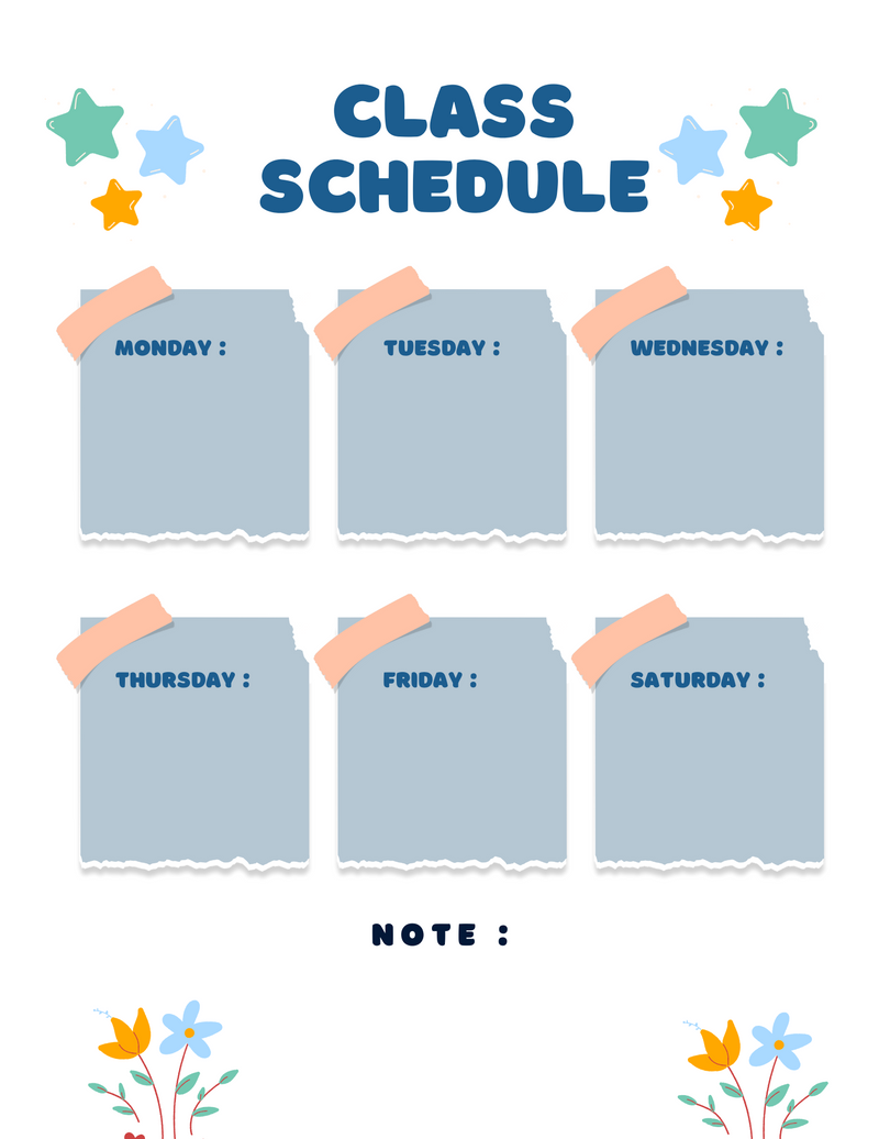 Colorful Modern Class Schedule Planner | Monday To Saturday, Note