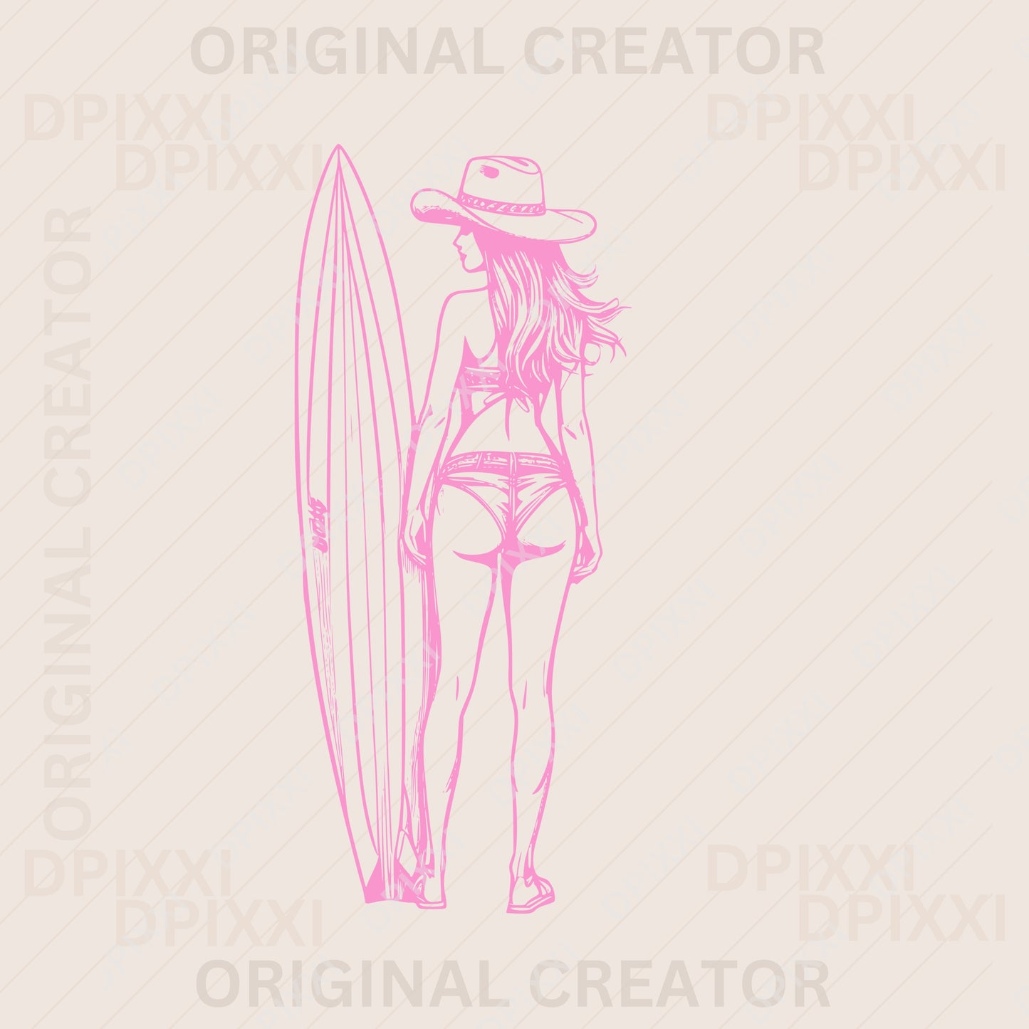 Swimsuit Cowgirl with Surfboard Back Side