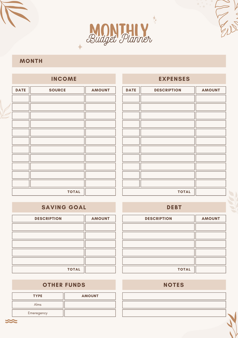 Cream Abstract Monthly Budget Planner | Income, Expenses, Saving Goal, Dest, Other Funds, Notes