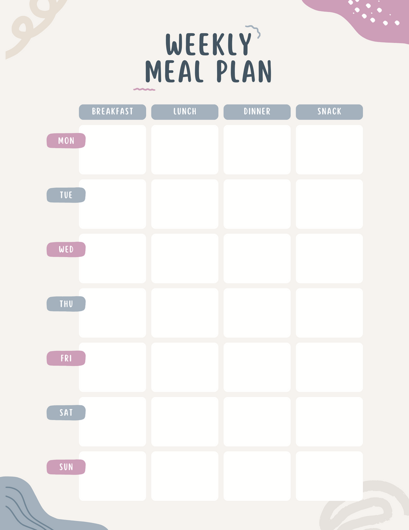 Cream Abstract Weekly Meal Plan | Monday To Sunday, Breakfast, Lunch, Dinner, Snacks