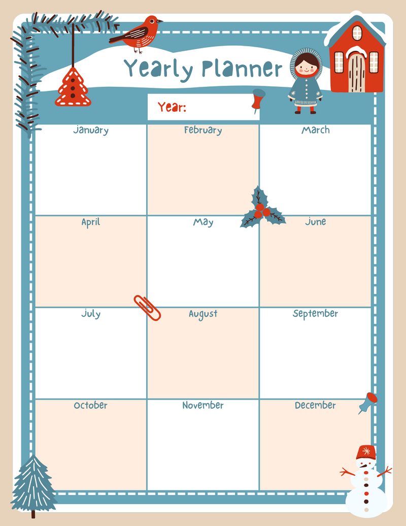 Cute Holiday Illustration Christmas Yearly Planner| January to Decembe