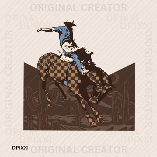 Hopping Over Desert Checker Horse Blue Cowboy