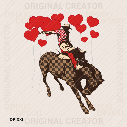 Floating Red Hearts Balloon Checker Horse Cowboy Valentine