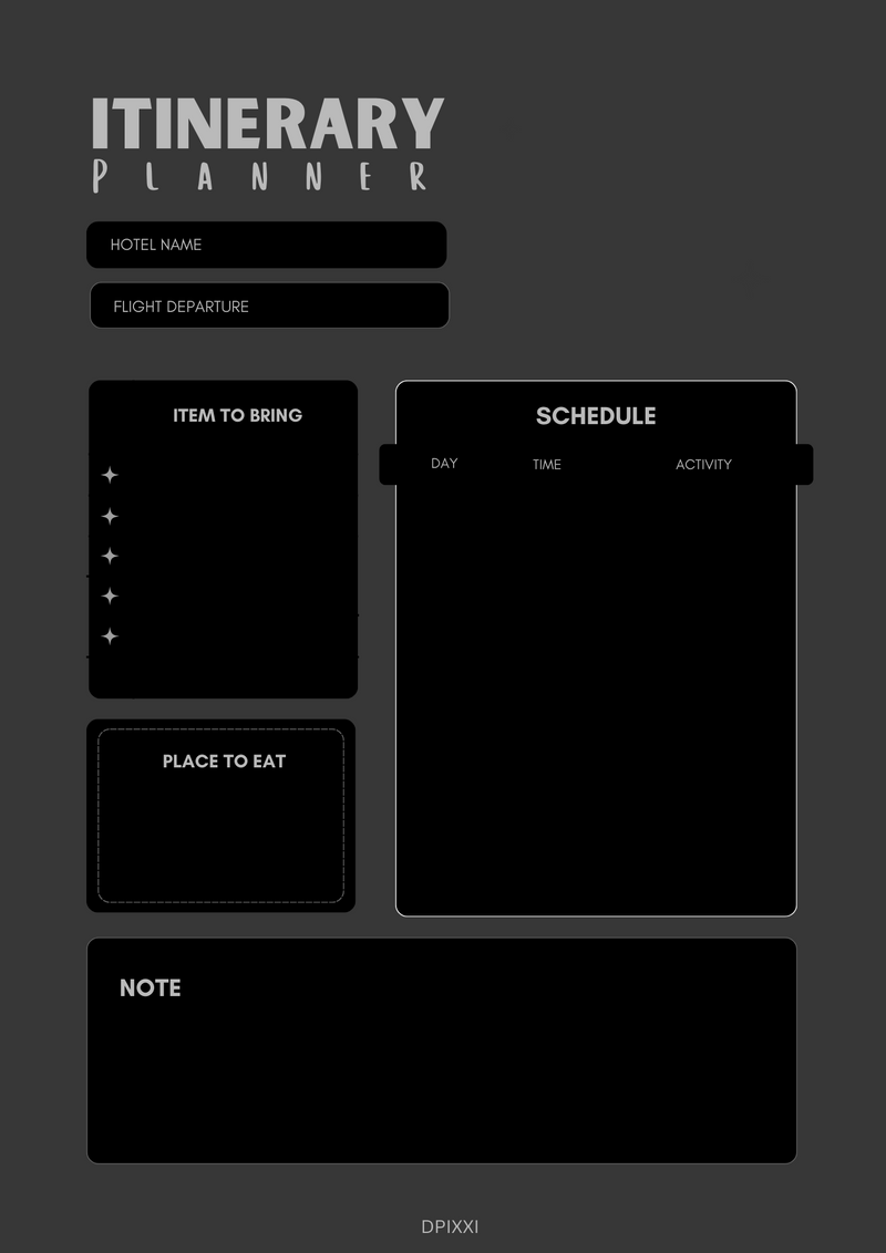 Illustrated Travel Itinerary Planner | Schedule, Item to Bring, Place to Eat