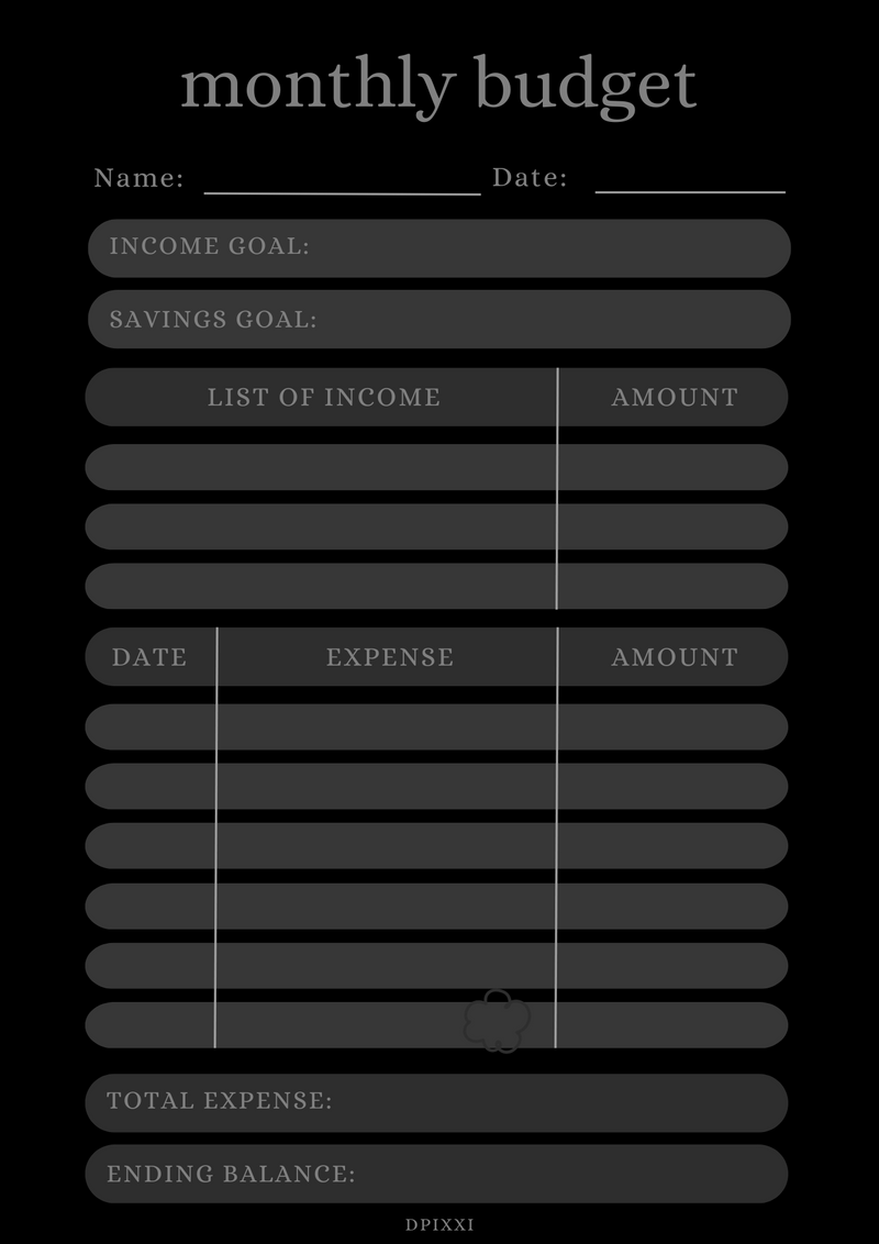 Minimalist Monthly Budget Planner | Income Goal, Savings Goals, List of Income, Total Expense, Ending balance