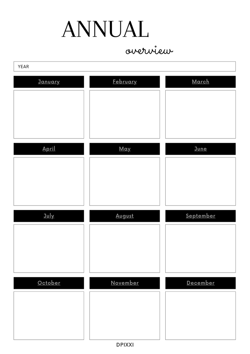 Simple Annual Overview Planner| January to December
