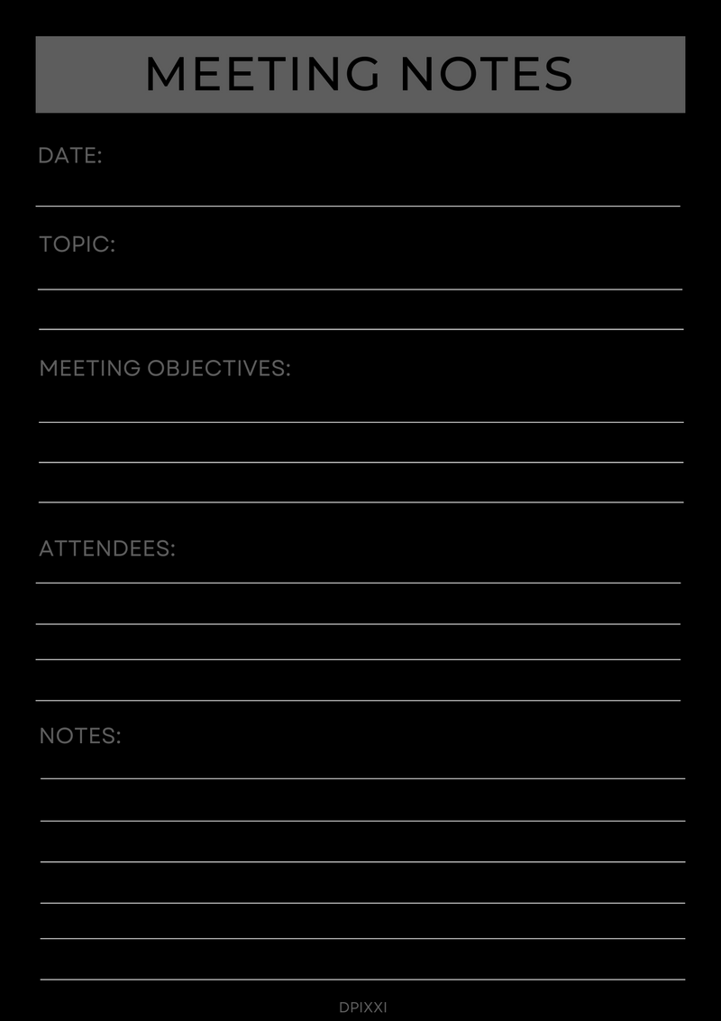 Minimalist Meeting Notes Planner | Topic, Meeting Objectives, Attendees