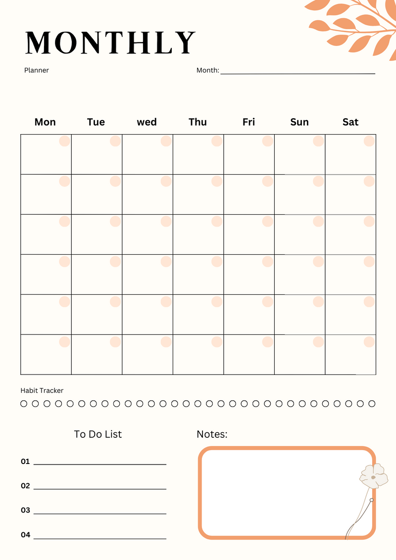 Elegant Monthly Planner |  Monday to Sunday