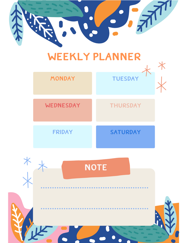 Floral Weekly Printable Planner  Monday to Saturday, Note