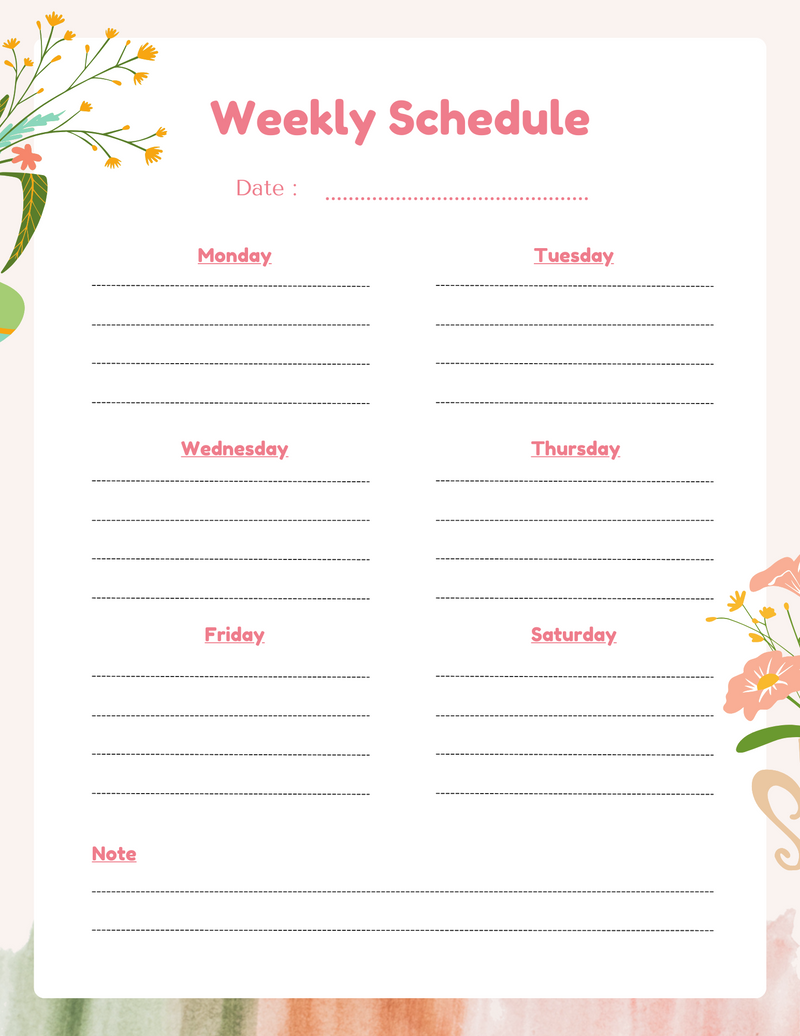 Flower Aesthetic School Schedule Free Planner Template | Date, Monday To Saturday, Note