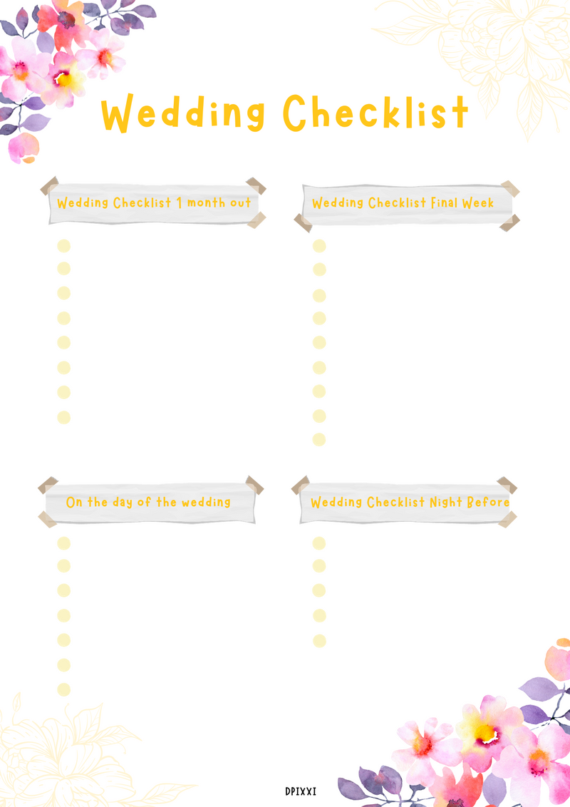 Wedding Planning Checklist | On the day of the Wedding, Night Before Wedding