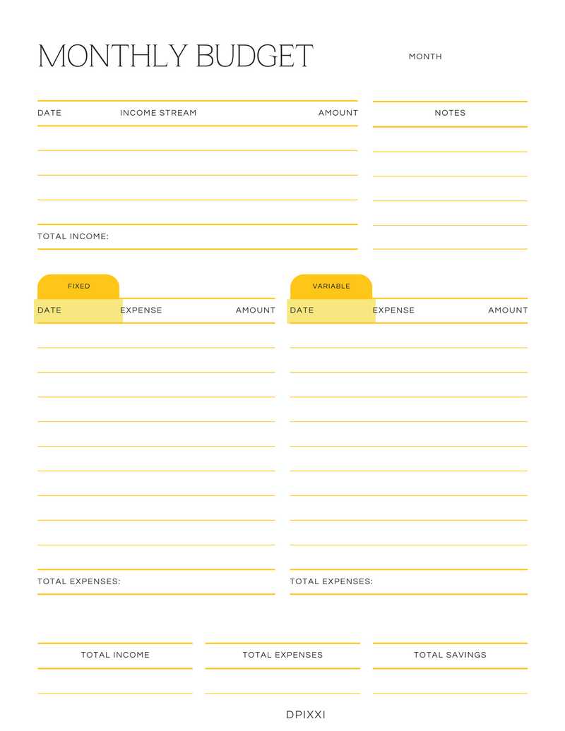 Neutral Monthly Budget Planner | Income Stream, Fixed, Variable, Expenses, Total Savings