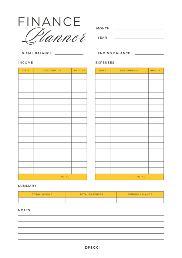 Minimalist Simple Monthly Finance Planner | Intial Balance, Ending Balance, Income, Expenses, Summary