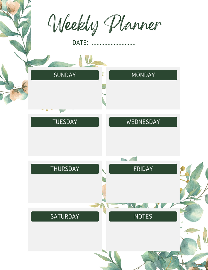 Leaves Watercolor Pattern Weekly Planner | Date, Sunday To Saturday, Notes