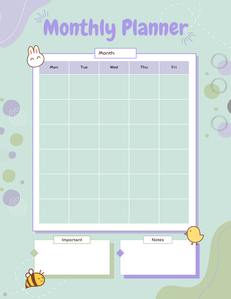 Playful Monthly Planner | Month, Monday To Friday, Important, Notes