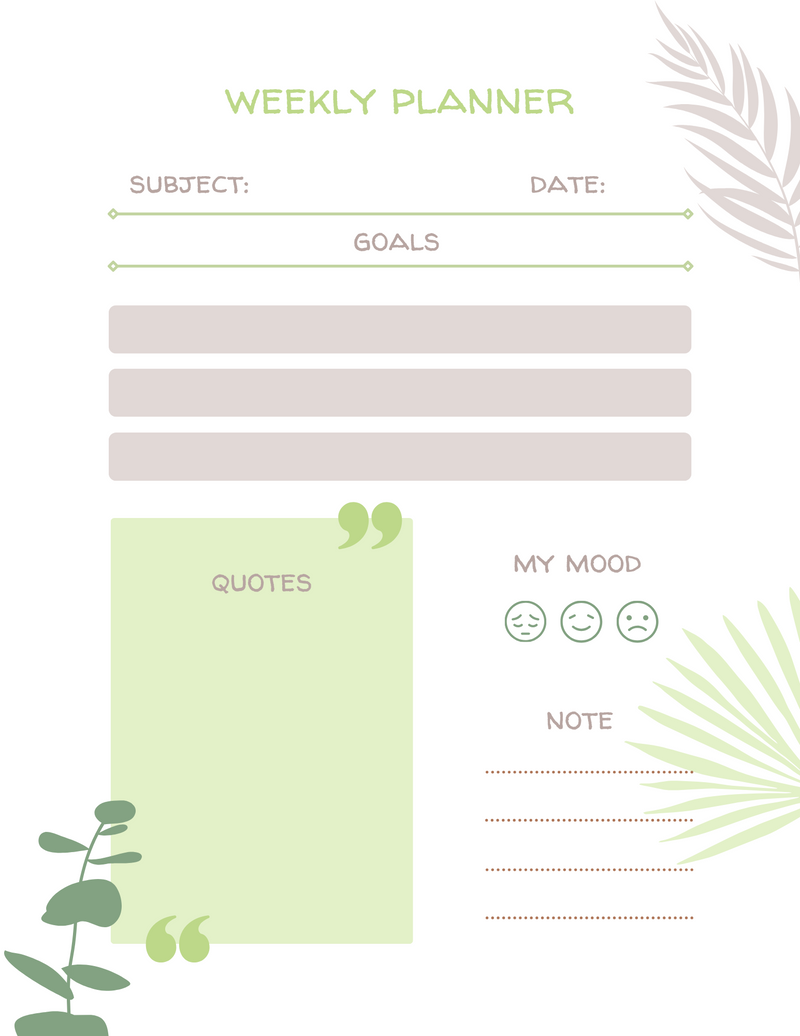 Abstract Illustration Weekly Planner | Subject, Date, Goals, Quotes, My Mood, Note