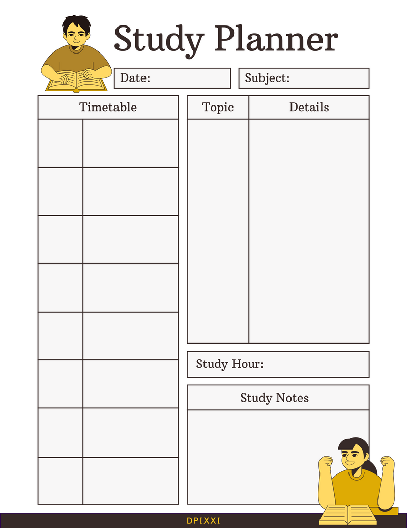 Minimalist Illustrative Study Planner | Date, Subject, Time Table, Topic, Details, Study Hour, Study Notes