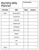 Grid Simple Monthly Bills Planner | Due Date, Bills, Paid, Amount