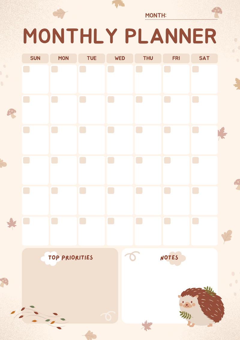 Illustrated Cute Autumn Monthly Planner | Top Priorities, Monday to Thursday