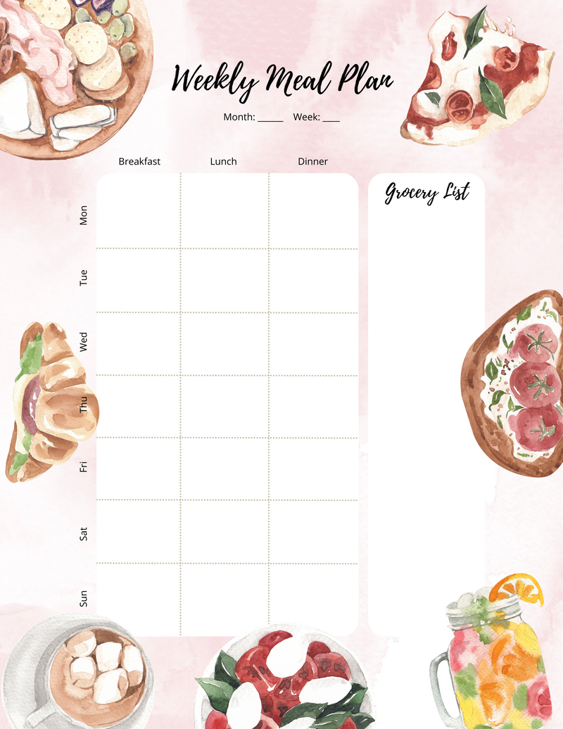 Illustrated Food Weekly Meal Planner | Monday To Sunday, Breakfast, Lunch, Dinner, Grocery List