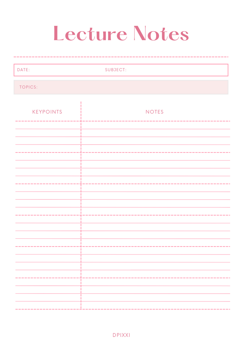 Minimal Lecture Notes Planner | Subject, Topics, Keypoints