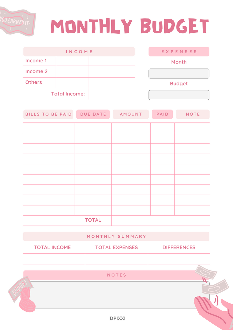 Illustrative Monthly Budget Planner | Income, Expenses, Monthly Summary, Bills To be paid