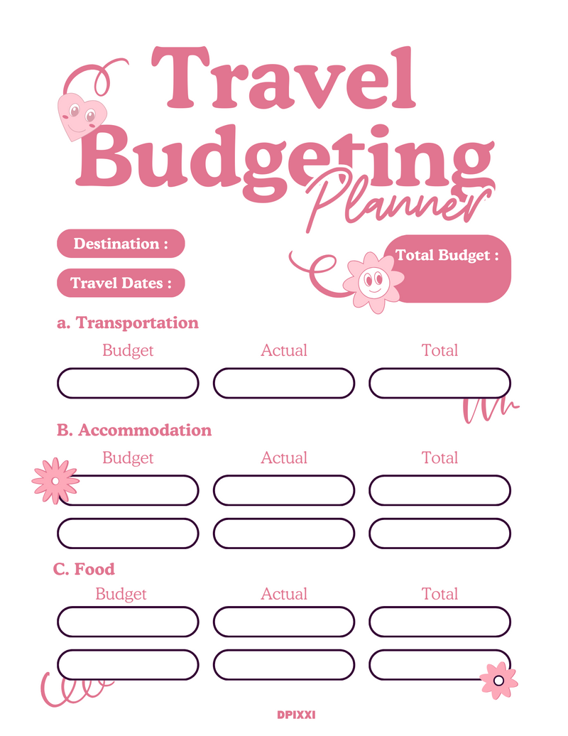 Playful Travel Budgeting Planner |  Transportation, Travel Dates, Total Budget