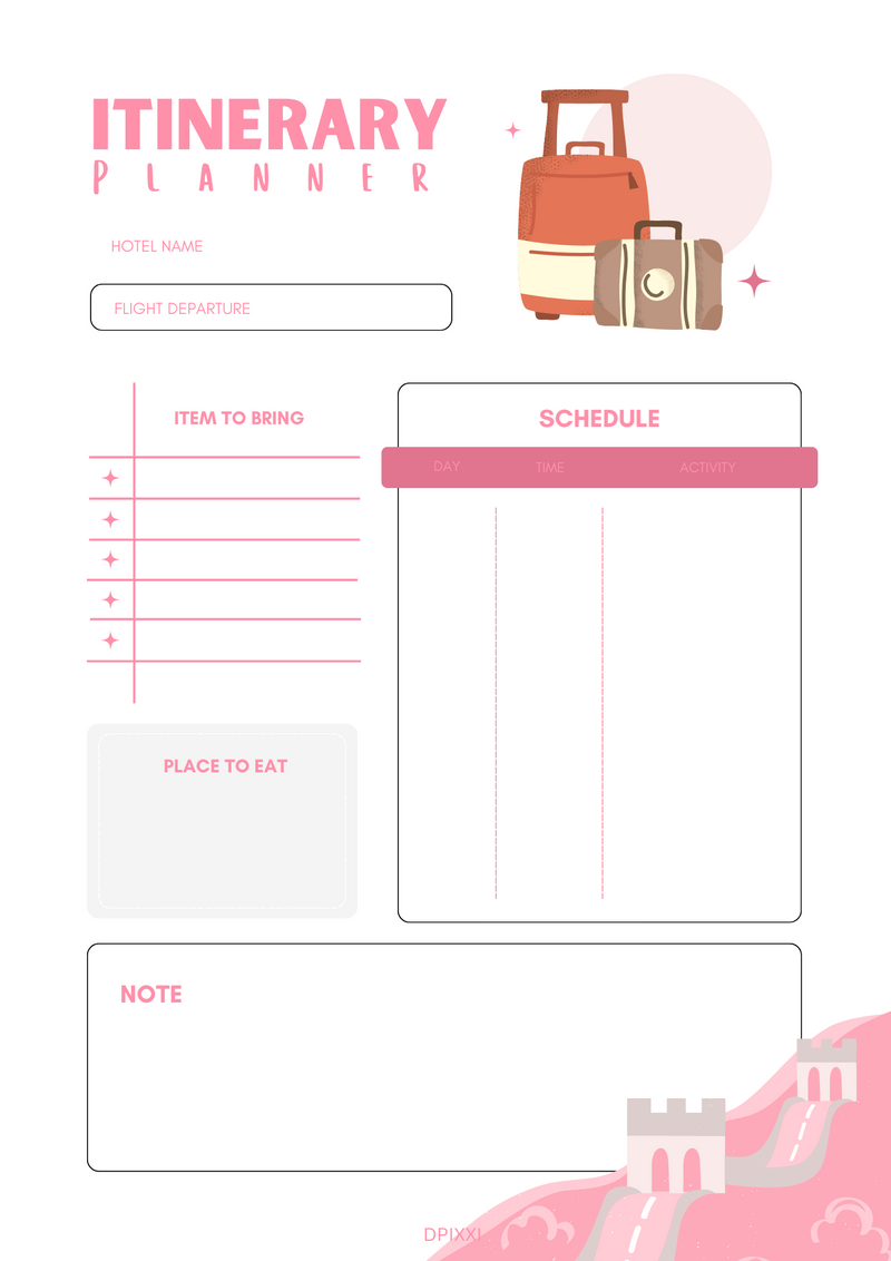 Illustrated Travel Itinerary Planner | Schedule, Item to Bring, Place to Eat