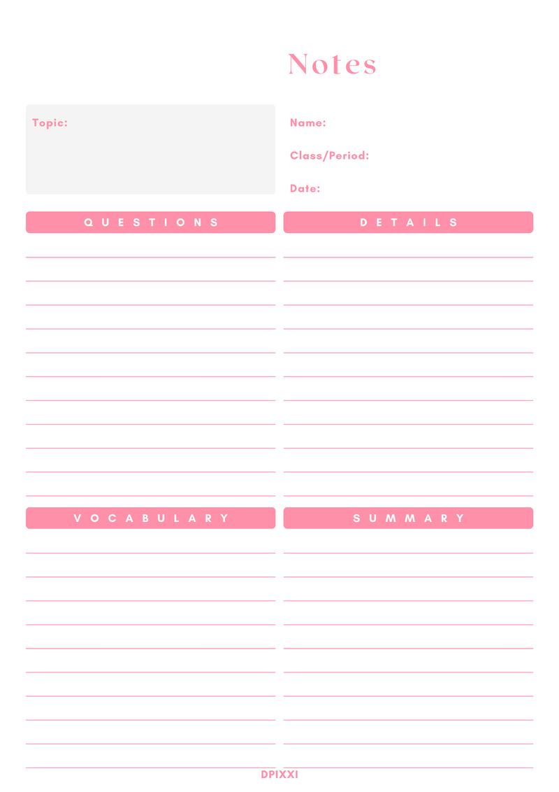Elegant  Notes Planner | Questions, Details, Vocabulary, Summary