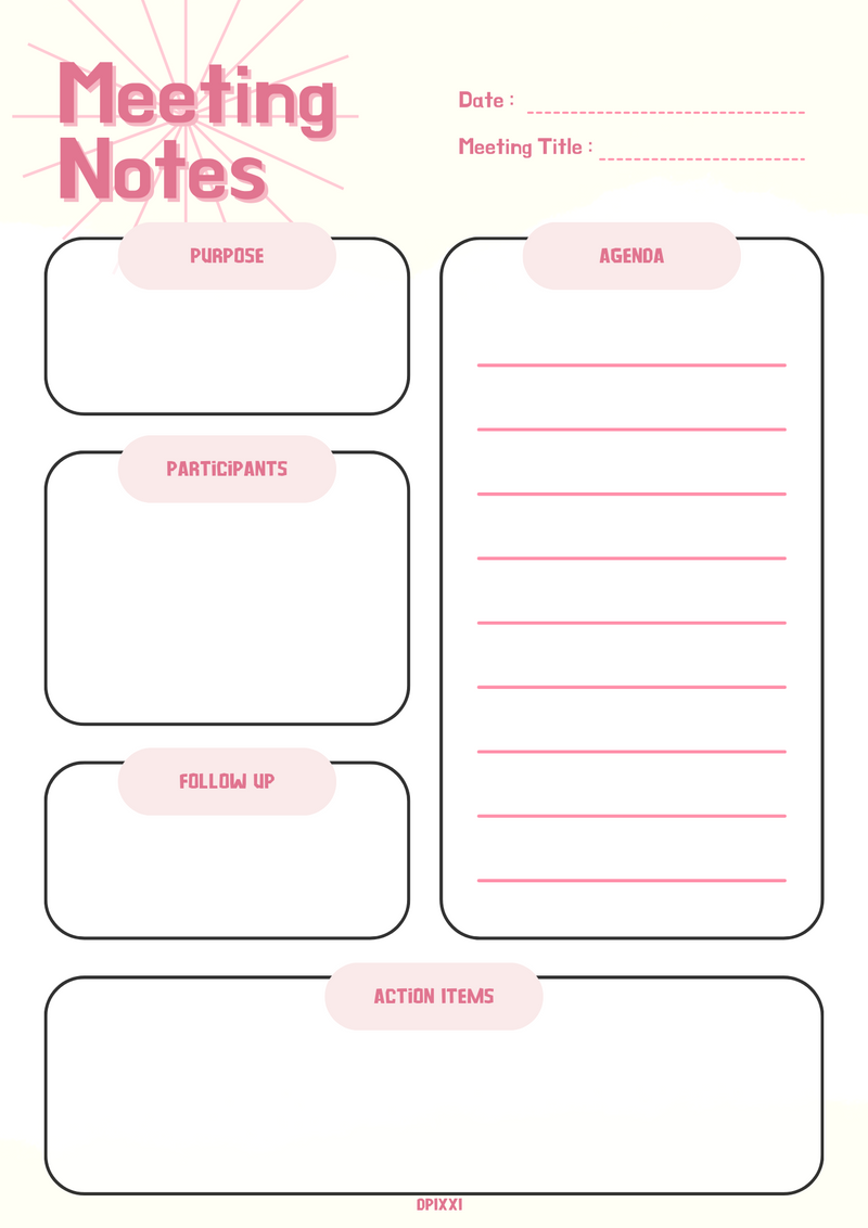 Vintage Meeting Notes Planner | Purpose, Agenda, Participants, Follow up, Action Items