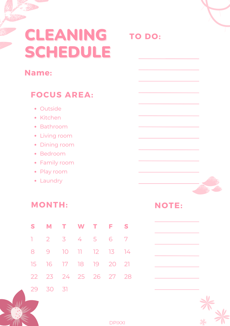 Feminine Playful Floral Cleaning Schedule Planner|Household tasks Planner