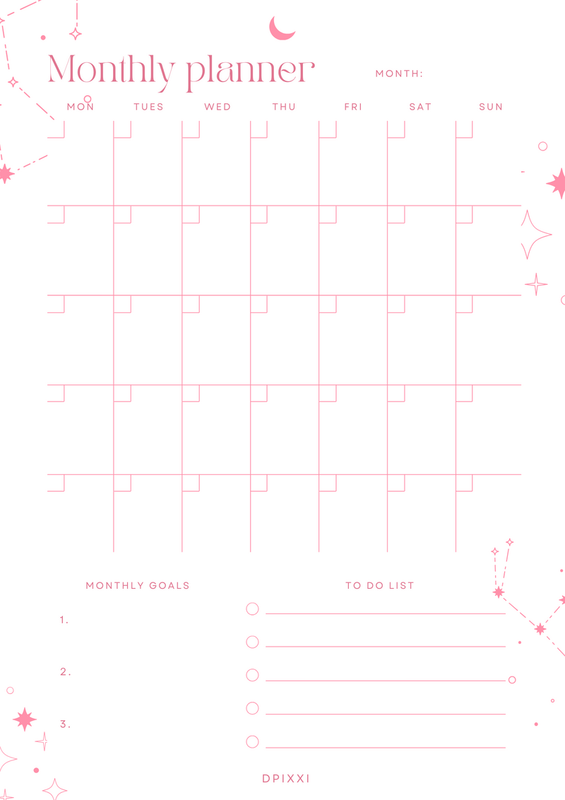 Beige Mystical Monthly Planner | Monthly Goals, Monday to Tuesday