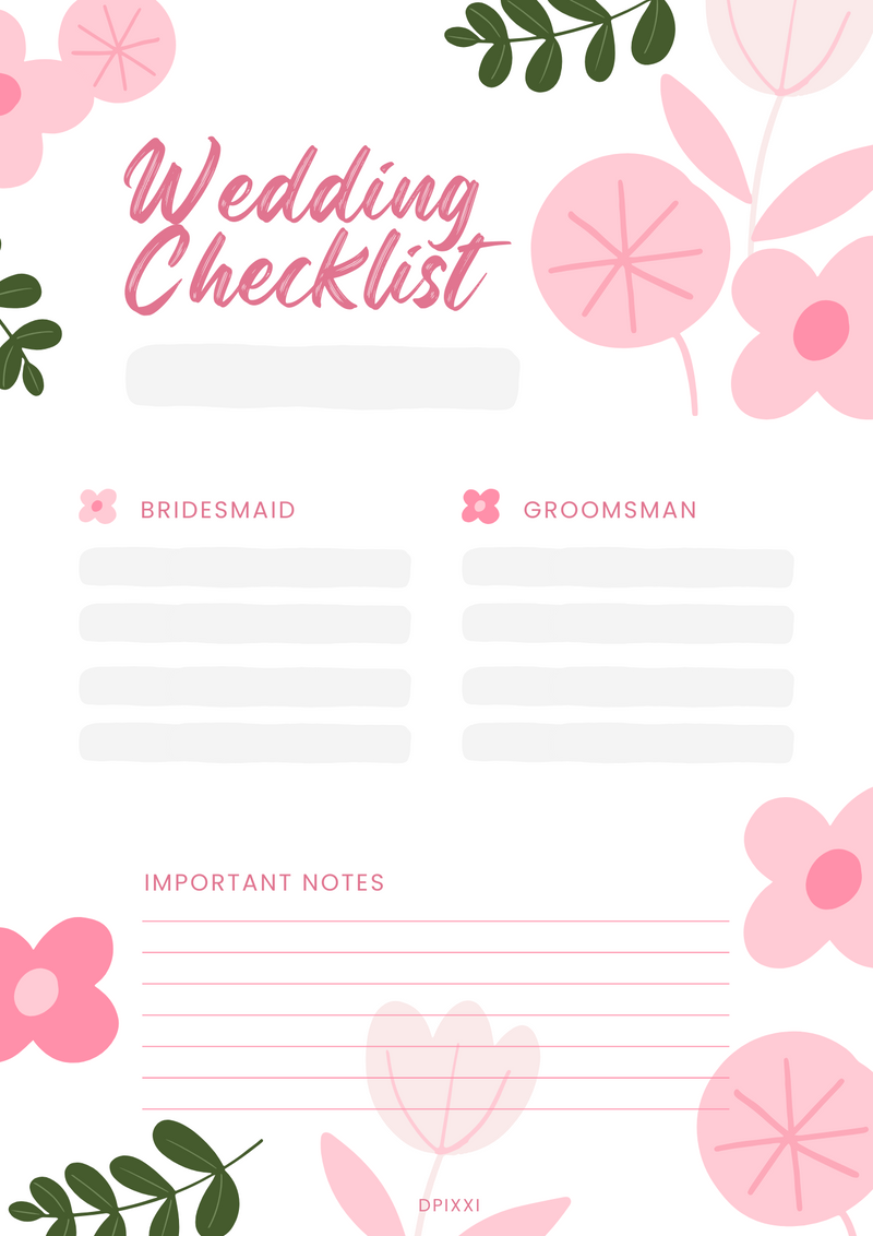 Wedding Checklist  | Bridesmaid, Groomsman, Important Notes