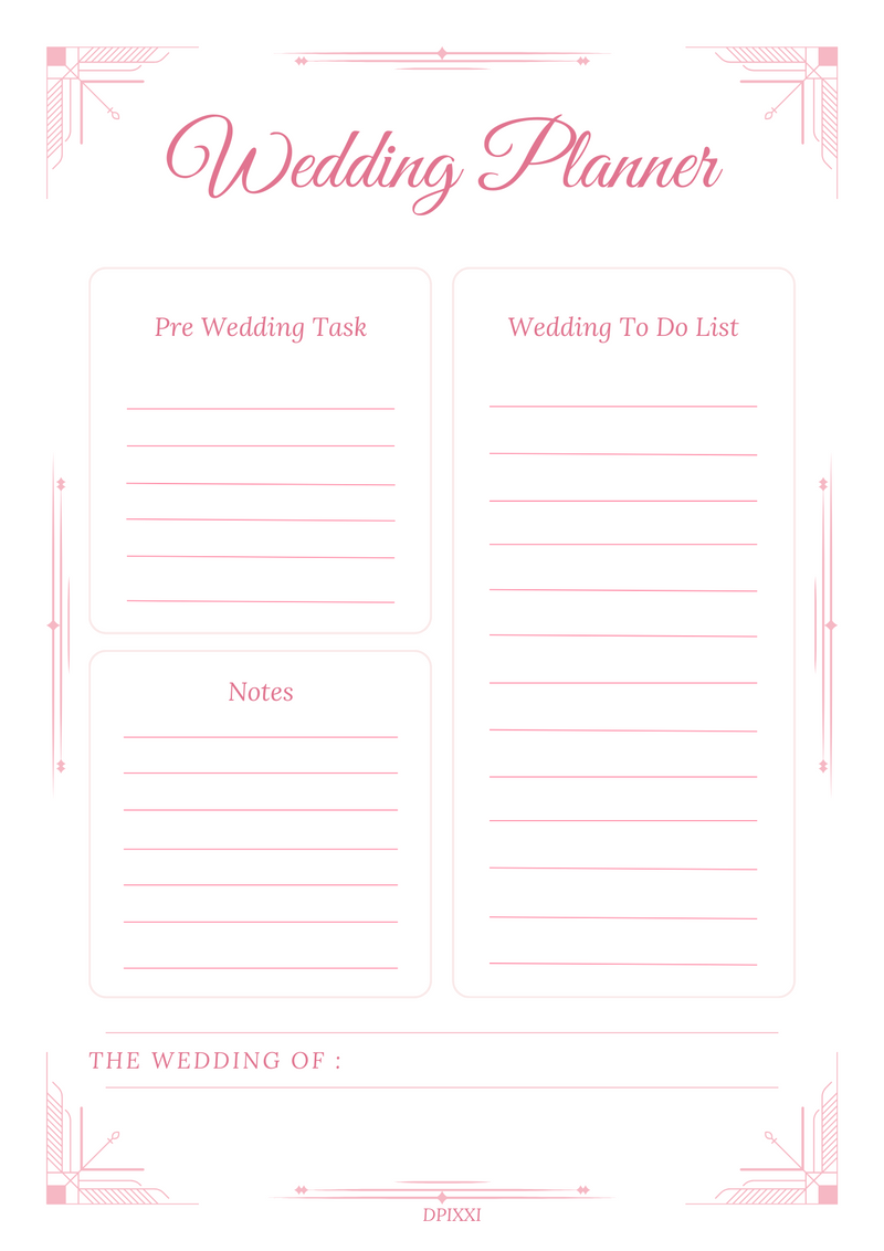 Wedding Planner  Pre Wedding Task, Wedding To Do List