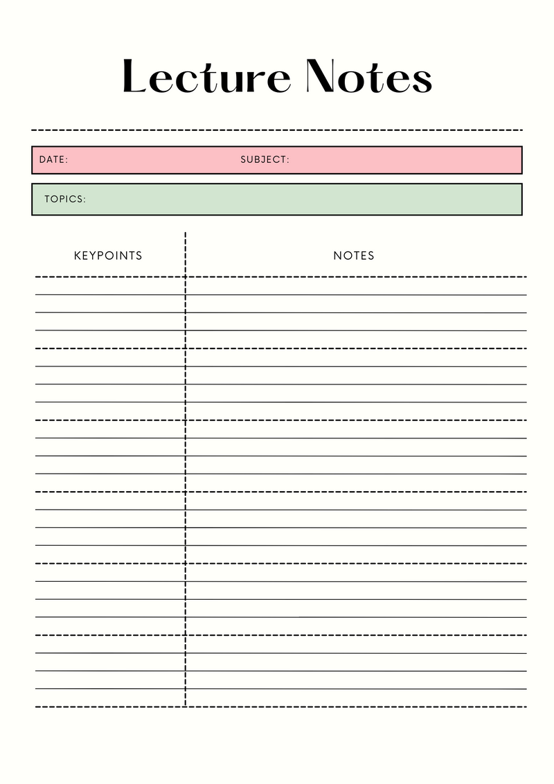 Minimal Lecture Notes Planner | Subject, Topics, Keypoints