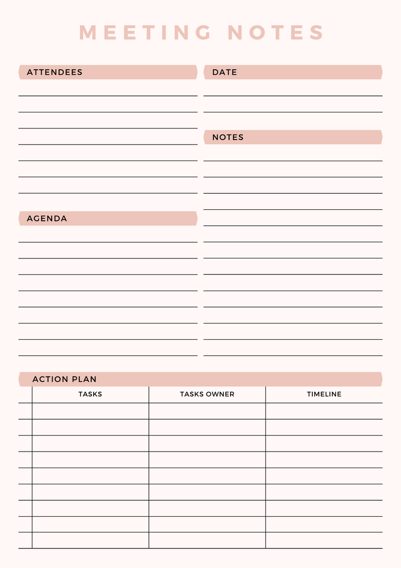 Minimal Meeting Notes Planner | Attendees, Agenda, Action Plan