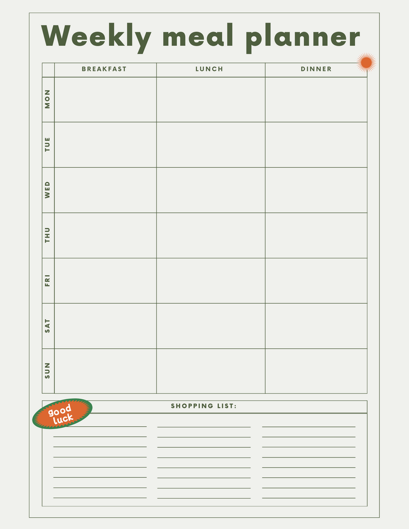 Modern Bold Monthly Meal Schedule Planner | Monday To Sunday, Breakfast, Lunch, Dinner, Shopping List