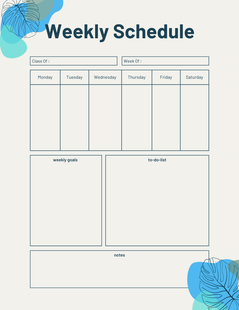 Minimalist Tropical Weekly Schedule | Class Of, Week Of, Monday To Saturday, Weekly Goals, To Do List, Notes