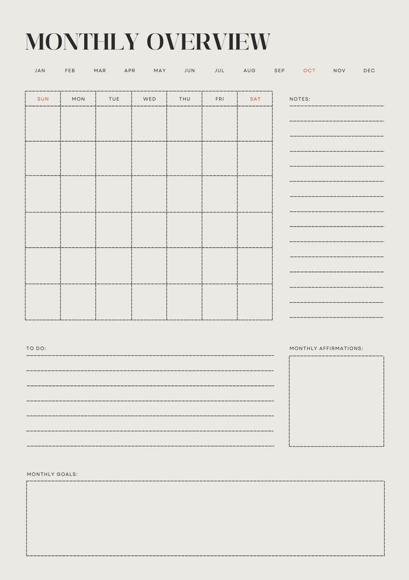 Monthly Calendar Lined Planner | Monthly Overview, Monthly Affirmations, Monthly Goals
