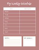 My Weekly Schedule Planner | Monday to Sunday, Activity, Note, My Goals