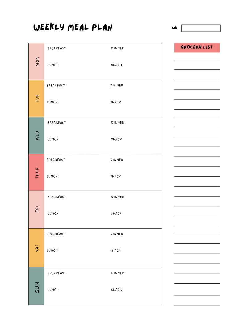 Colorful Simple Weekly Meal Planner | Monday To Sunday, Breakfast, Lunch, Dinner, Snack, Grocery List