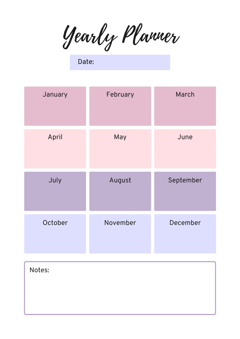 Pastel Modern Minimal Yearly Planner| January to December