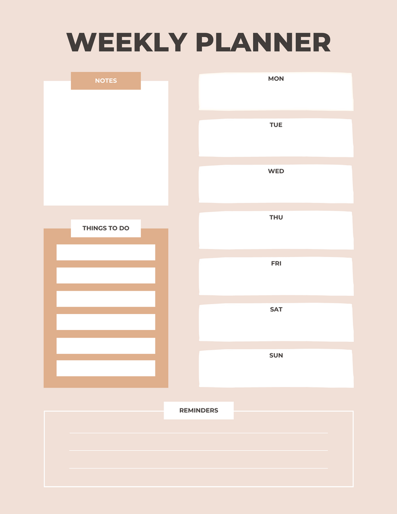 Peach Simple Illustration Weekly Planner | Notes, Things To Do, Monday To Sunday, Reminders