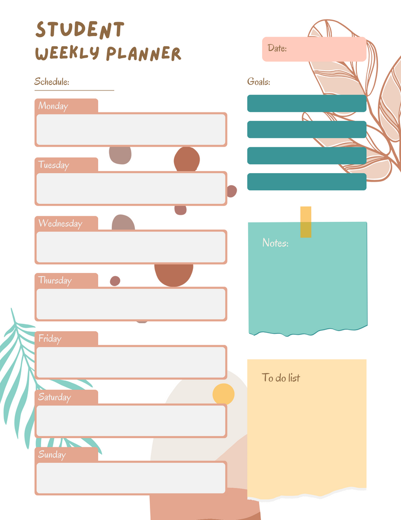 Abstract Illustration Student Weekly Planner | Schedule, Monday to Sunday, Goals, Notes, To Do List