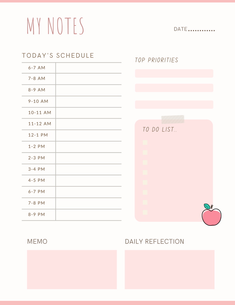 Minimalist My Notes Planner Sheet | Today's Schedule, Top Priorities, To Do Lst, Memo, Daily Reflection