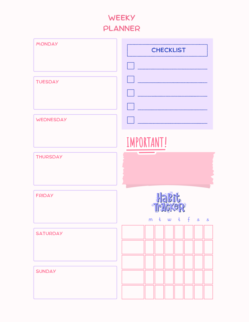 Pink Minimalist Weekly Planner | Monday - Sunday, Checklist, Important, Habit Tracker