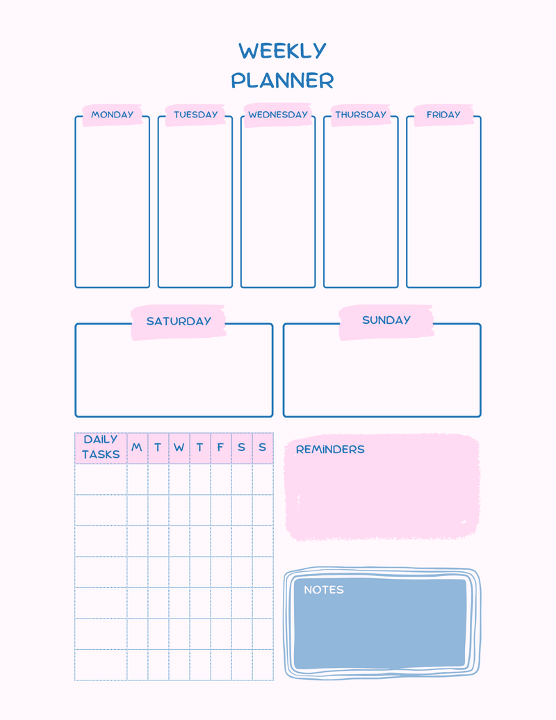 Playful Weekly Planner | Monday To Sunday, Daily Tasks, Reminders, Notes