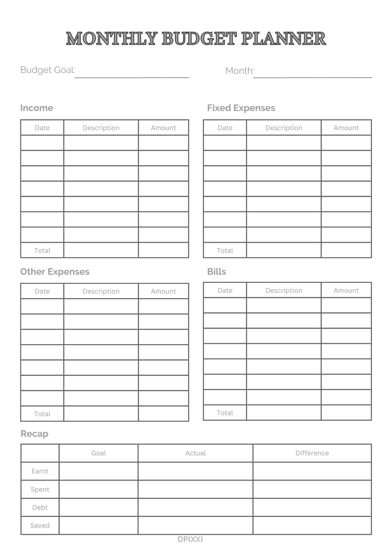 Elegant and Clean Monthly Budget Planner Sheet | Budget Goal, Income, Fixed Expenses, Bills, Other Expenses, Recap
