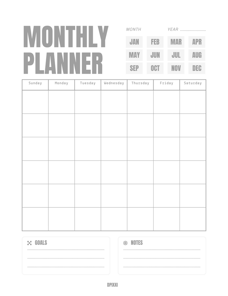 Beige and Black Simple Minimalist Monthly Planner | Goals, Monday to Sunday