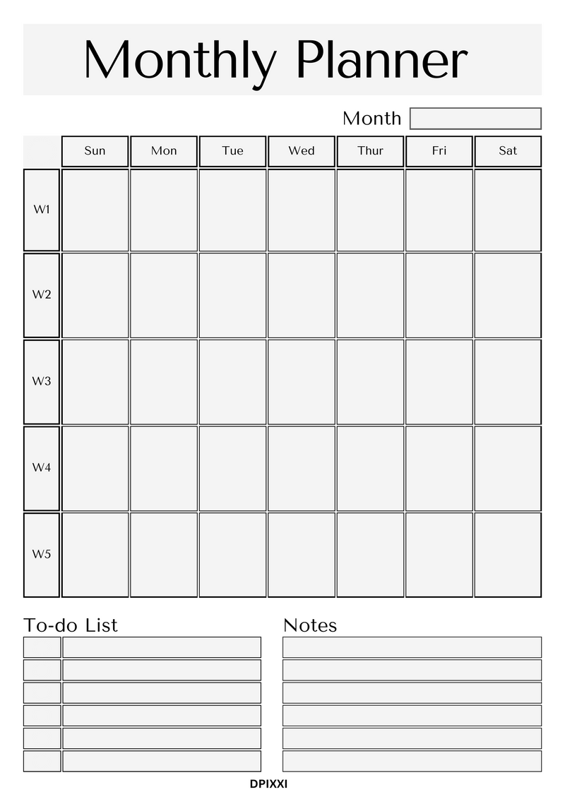 Simple Minimalist Monthly Planner | Monday to Sunday